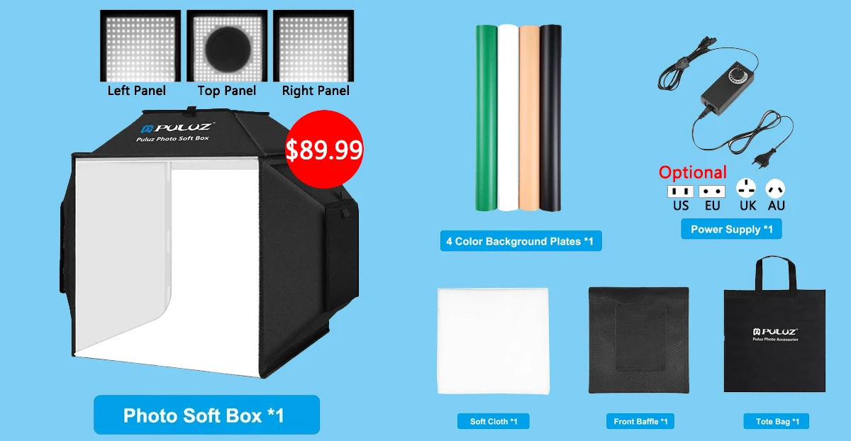 Description Picture 3 of itemPULUZ 40cm Photo Studio Light Box,72W LED Softbox Kit,Folding Photography Lightbox Studio Shooting Tent Box & 4 Color Backdrop