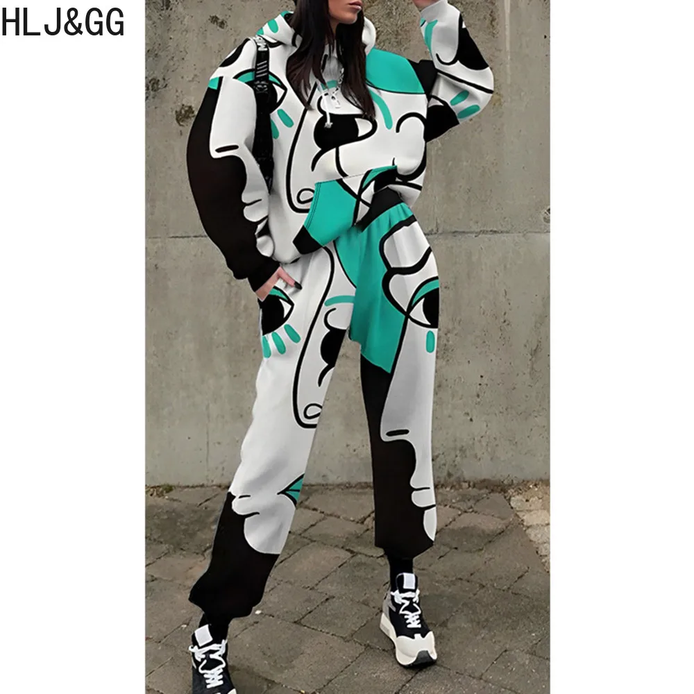 HLJ&GG White Casual Printing Hooded Two Piece Sets Women Long Sleeve Sweatshirt And Jogger Pants Tracksuits Female 2pcs Outfits stainless deck hinge boat bimini top fitting 2pcs set 1pc slide cap and 1pc slide sleeve of ss316 7 8 22mm 1 25mm