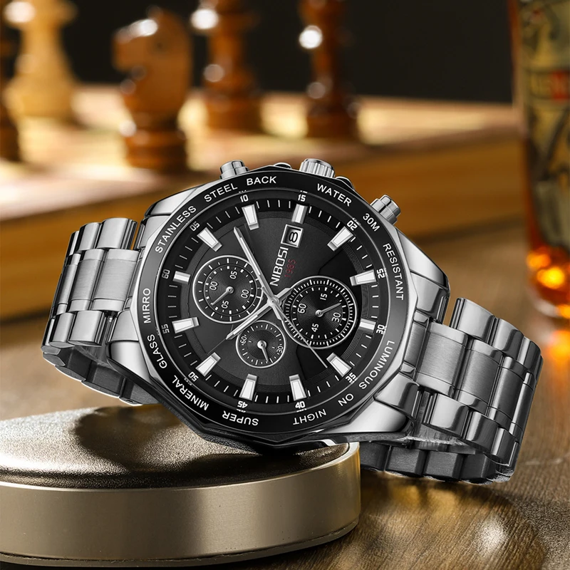 NIBOS Sport Big Dial Mens Watches Top Brand Luxury Stainless Steel Waterproof Chronograph Quartz Watch for Men Relogio Masculino