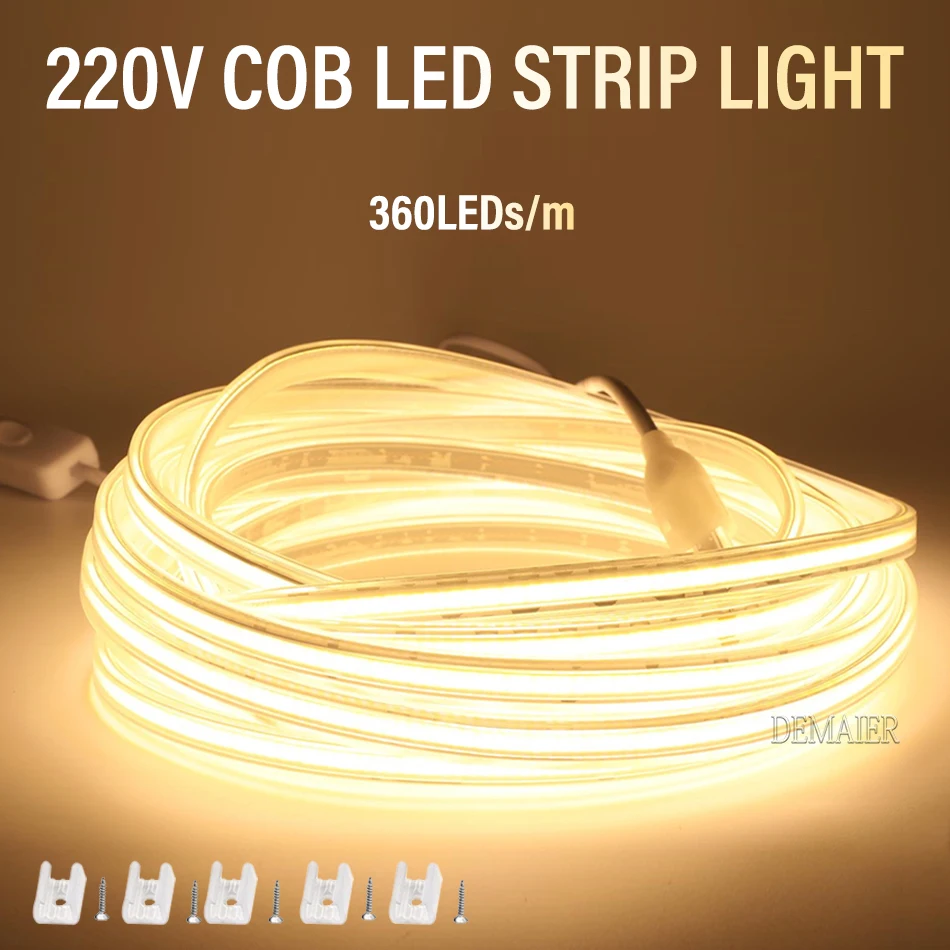 360LED COB Strip tape  220V EU Plug Flexible Outdoor Lamp Waterproof led Tape Kitchen Home Room Decoration LIGHT 1pc stainless steel sewer drain pipe flexible wash basin sink plumbing for home kitchen bathroom downcomer facility accessories