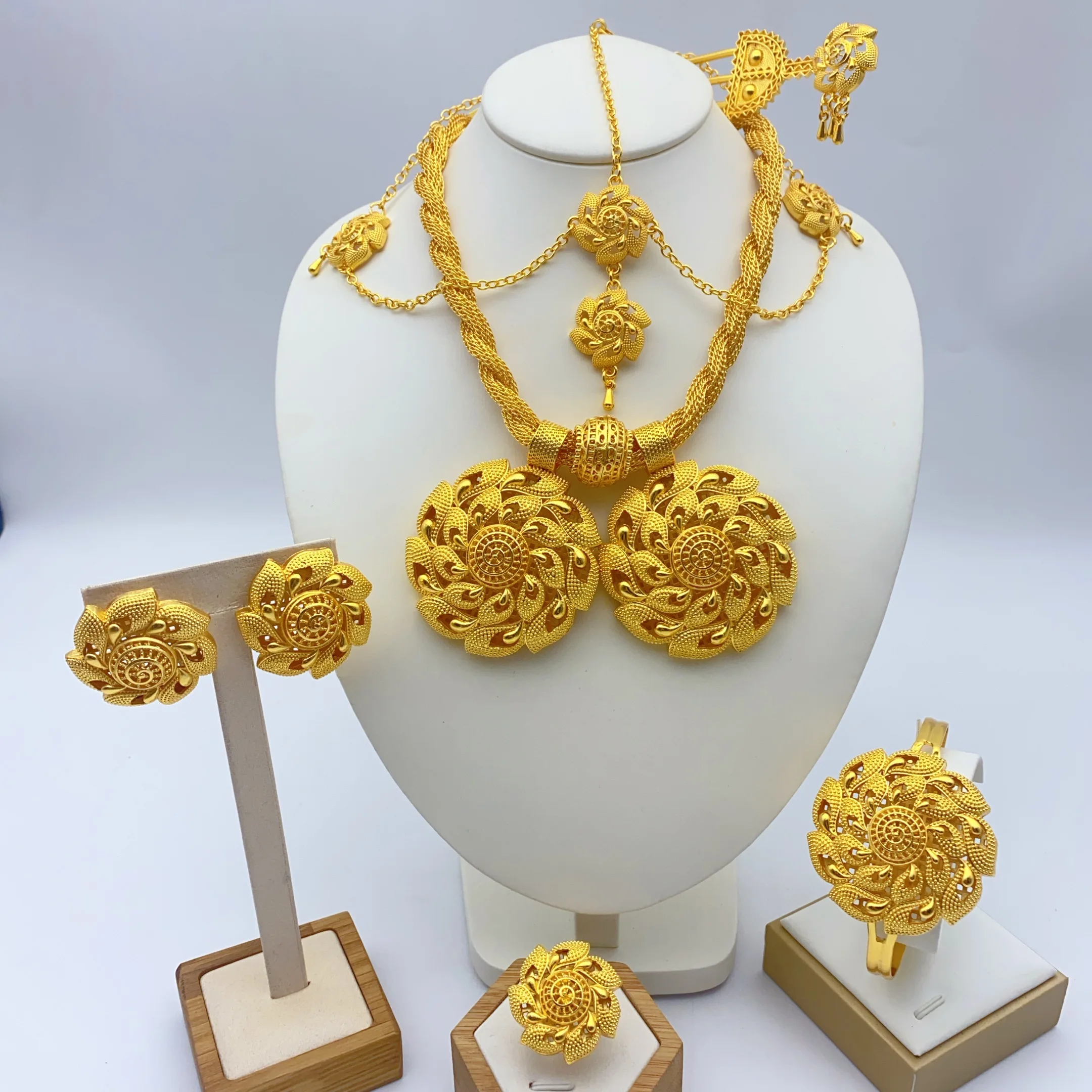 مجموعة مجوهرات ذهبية 24 قيراط لشهر العشية الإثيوبية الفاخرة، 6 قطع، للنساء، شكل زهرة، قلادة ملفوفة، هدية دبي.