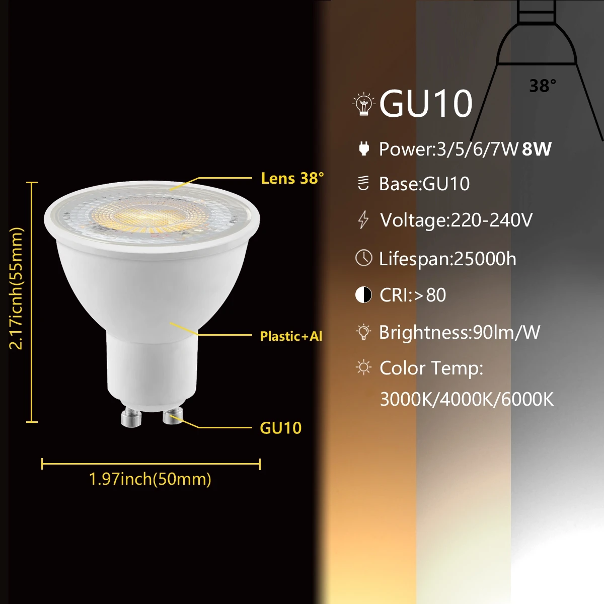 10PCS/LOT Spot Gu10 GU5.3 Spotlight AC220V 3W-8W 3000K/4000K/6000K S73a56bf481b64246a829d8edaaca19529