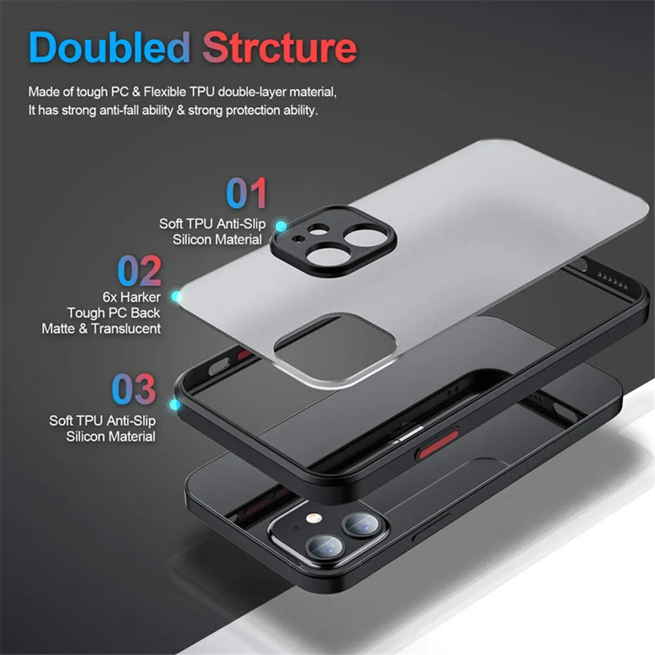 Shockproof Armor Matte Case For iPhone 11 12 13 Pro Max X XS XR 7 8 Plus SE Mini Luxury Silicone Bumper Clear Hard PC Cover Capa case iphone 12 pro max