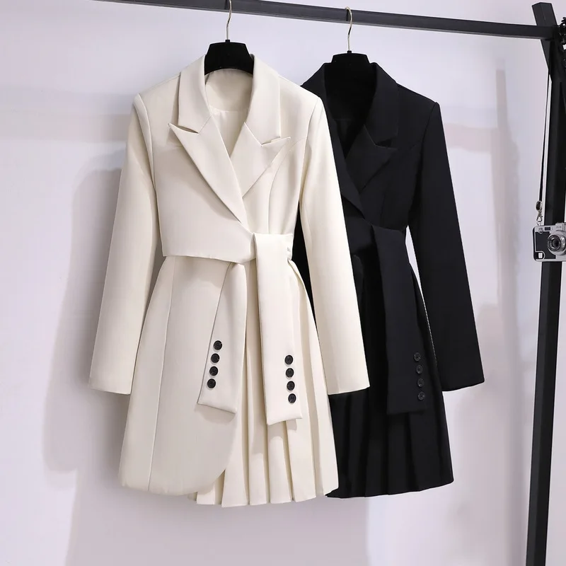 

Spring New Design British Style Women's Blazer Dress Temperament Coat Ladies Pleated Tie Strap Waist Fashion Blazer Suit Dress