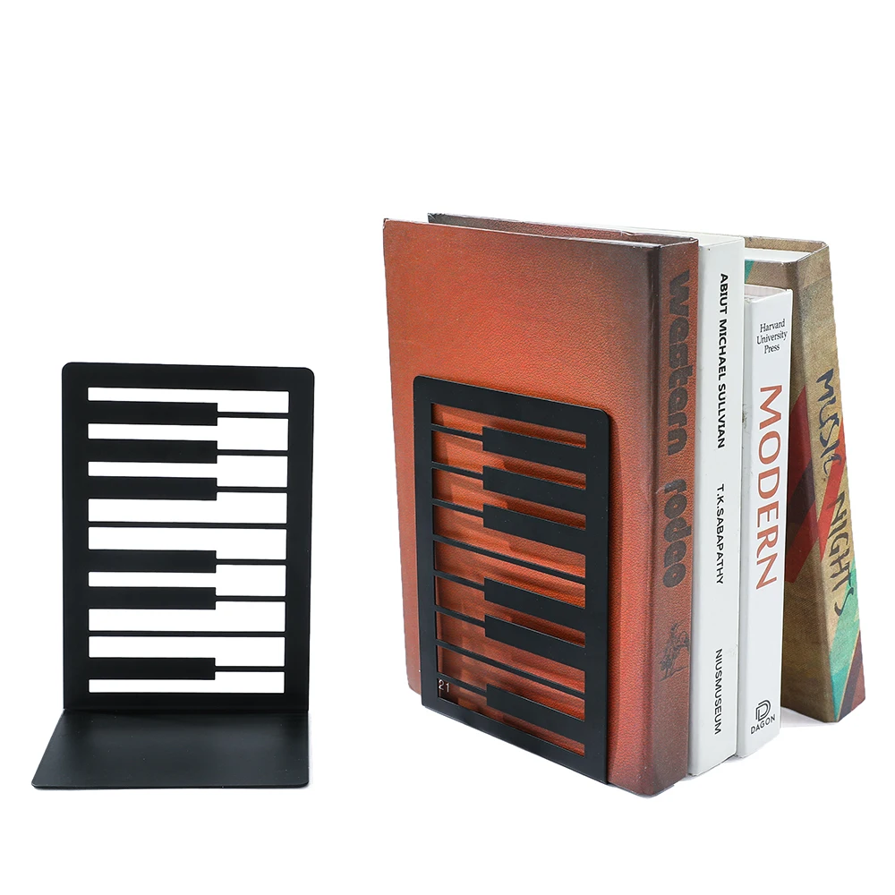 2pcs Black Piano Key Bookends Heavy Duty Iron Bookends Storage Rack Iron Home Desk Racks For Book Lovers Organise Desktop Tools book organizer book holder book stand