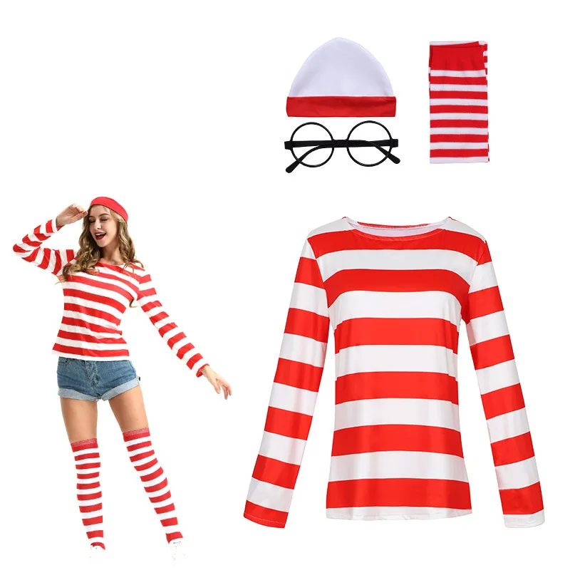 Genitore-Figlio Wally Outfit Anime Where Family Game Costume Uomo Donna Bambino Wally Cosplay Fancy Red Stripe Shirt Hat Glasses