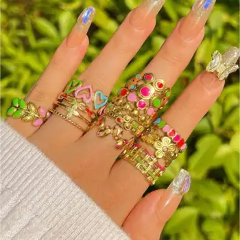 Stainless Steel Oil Dripping Colorful Ring Jewelry Korean Fashion Heart Cross Leaf Flower Rings For Women Jewellery Anel Bague