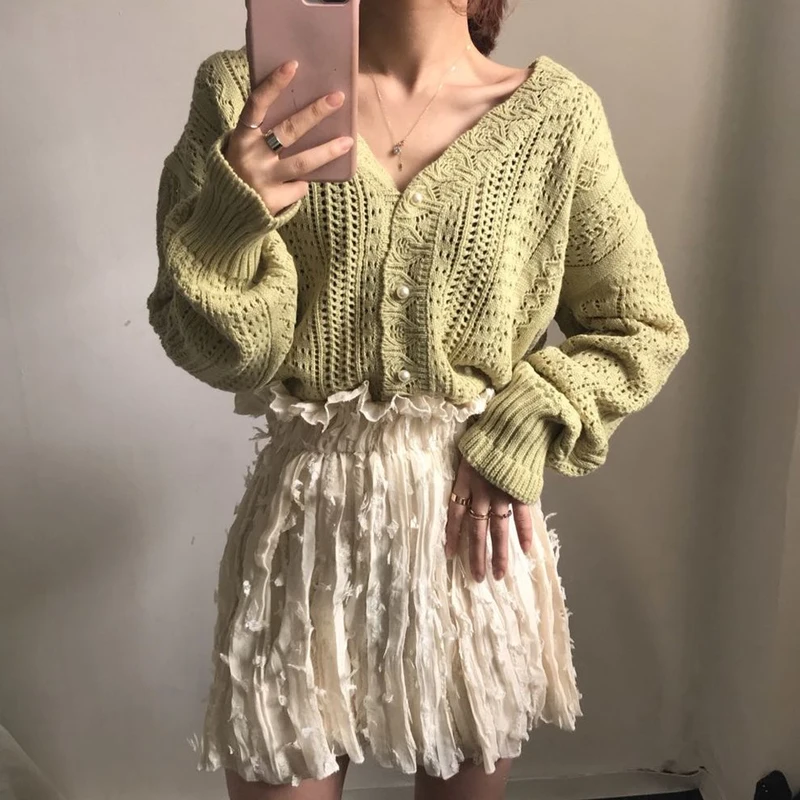 New Fashion Women's Autumn and Winter Hollow Cardigan V-neck Long-sleeved Sweater Solid Color Elegant Knitwear Casual Top