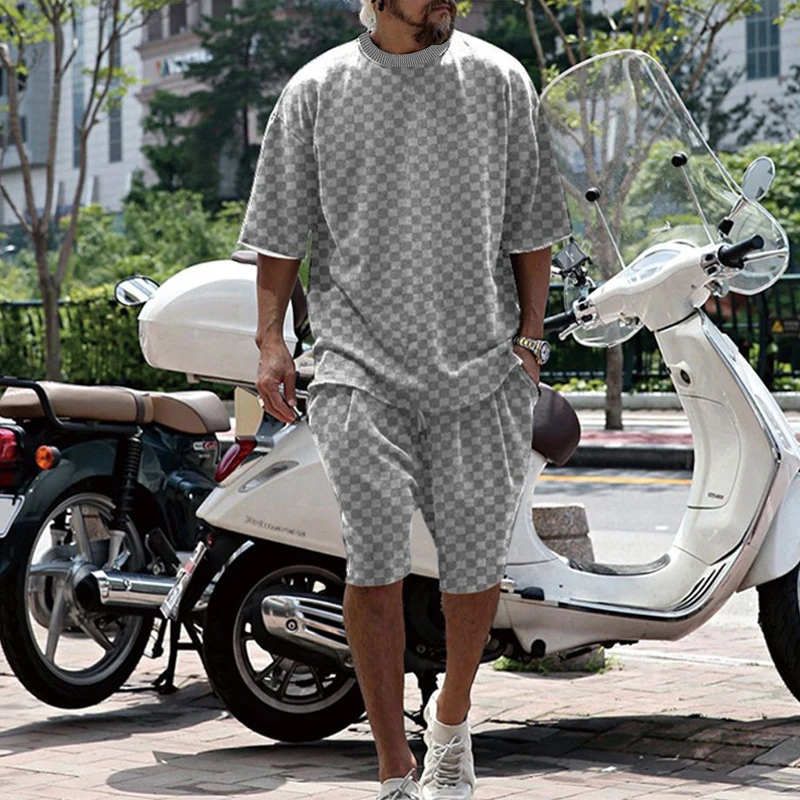 

Модный мужской костюм, уличная одежда, винтажный клетчатый вязаный крючком костюм из двух предметов, Мужская футболка с коротким рукавом и круглым вырезом и шорты в рубчик