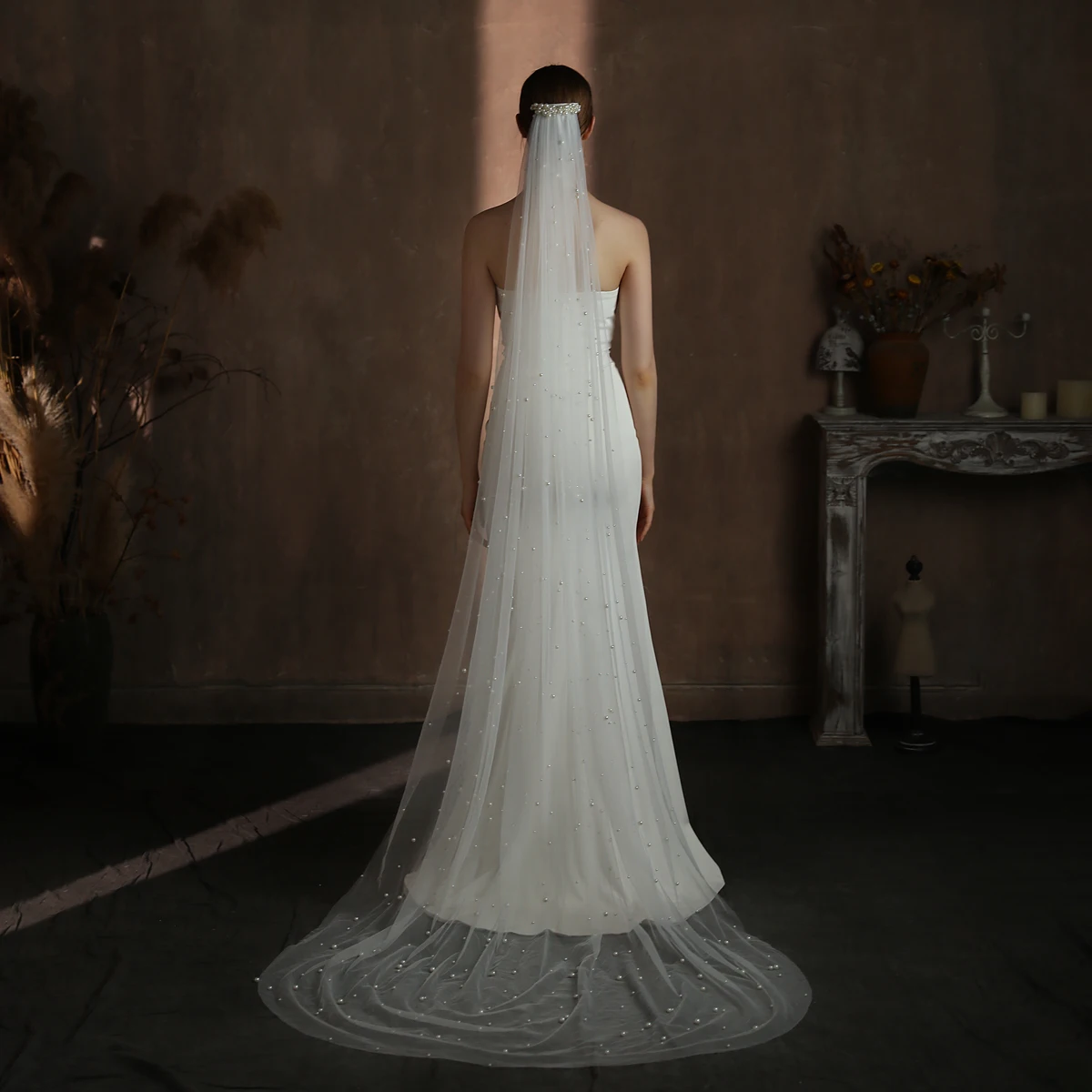 

V332 Elegant Wedding Bridal Cathedral Veil One-Layer Tulle with Pearls Beading Long Floor Train Handmade White Brides Veil