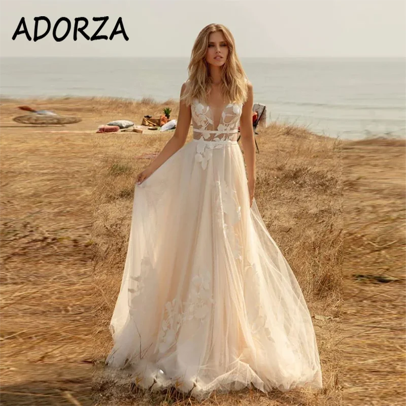 

ADORZA Wedding Dresses Backless Lace Appliques Bridal Gown V-neck Elegant Illusion A-line Court Train Vestido De Noiva for Bride