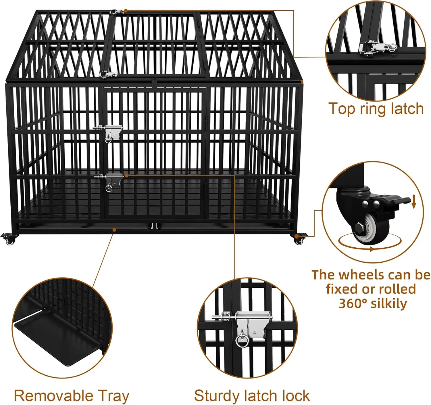 54 inch Heavy Duty Indestructible Dog Crate, Escape Proof Dog Cage Kennel with Lockable Wheels, High Anxiety Double Door 6