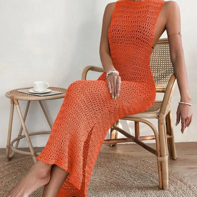 Handmade Slip Bottom Maxi O Neck Hollow Out Two Colors Sheer Beach Cover Up Knitted Crochet Beach Dress 100%