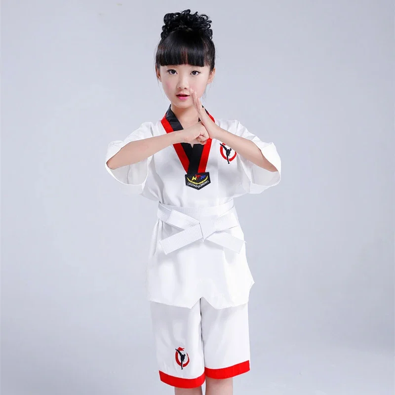 

Kids Taekwondo Uniform Taekwondo Uniforms WTF Mooto Karate Judo Taekwondo Dobok Clothes Children Short Sleeve TKD Clothing