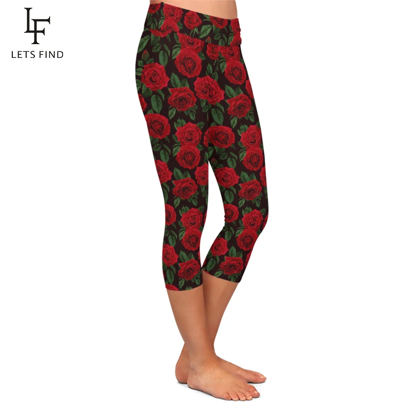 LETSFIND Red Rose Print Women Leggings Elastic Capri Legging High Waist  Mid-Calf 3/4 Stretch Casual Leggings