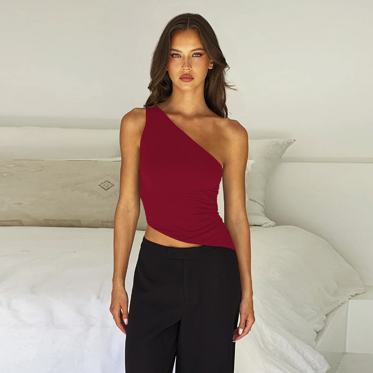 Sexy One Shoulder Off the Shoulder the Back Small Top 2024 Summer Solid Color Irregular Lace up Short Top 5