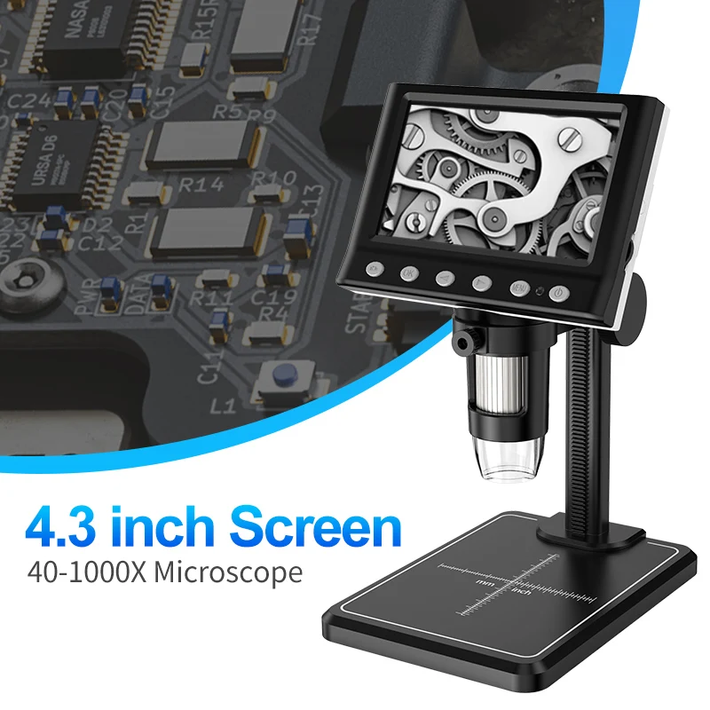 Digital Microscope 4.3 In LCD 40-1000X Coin Microscope USB Magnifier with High Stand 8 LED For Kids