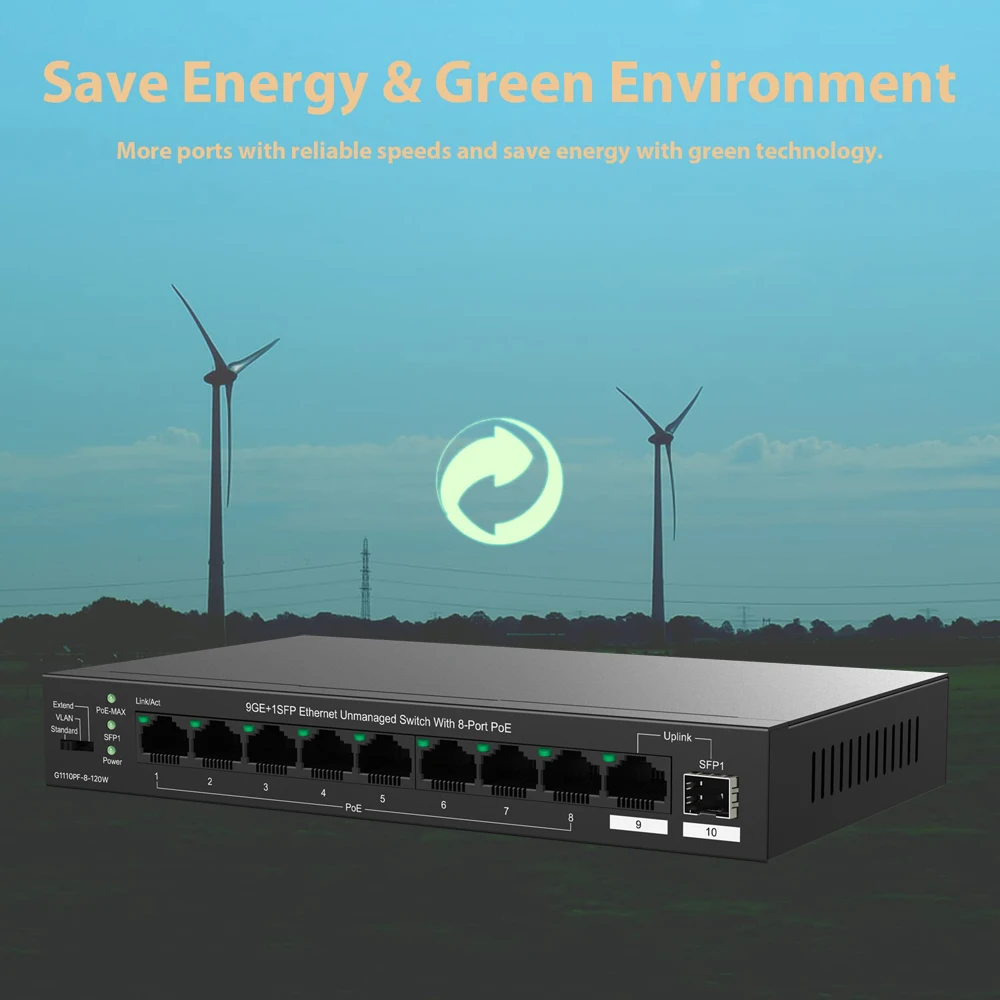8포트 PoE+@120W용 8포트 기가비트 PoE 스위치, 업링크 기가비트 포트 1개 및 SFP 슬롯 1개, 액세스 포인트 IP 카메라 포함 IEEE 802.3af/at