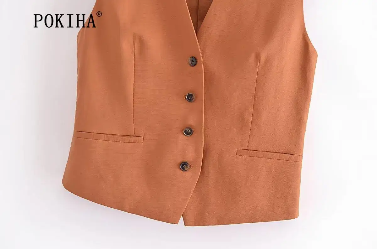 Pokiha Fashion Women Vintage Linen Front Buttons Cropped Waistcoat And Elegant Mid Waisted Midi Dress Female Chic Two_voghion.com