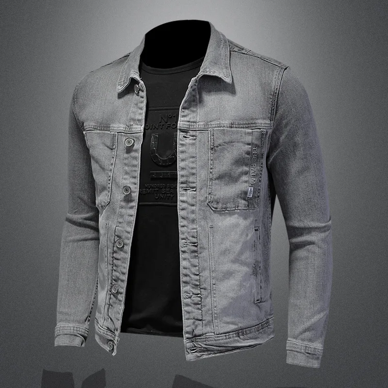 

Denim Jacket European Men's and American High Quality Personality Smoke Gray High Stretch Men's Coat Jacket Embossed Simple