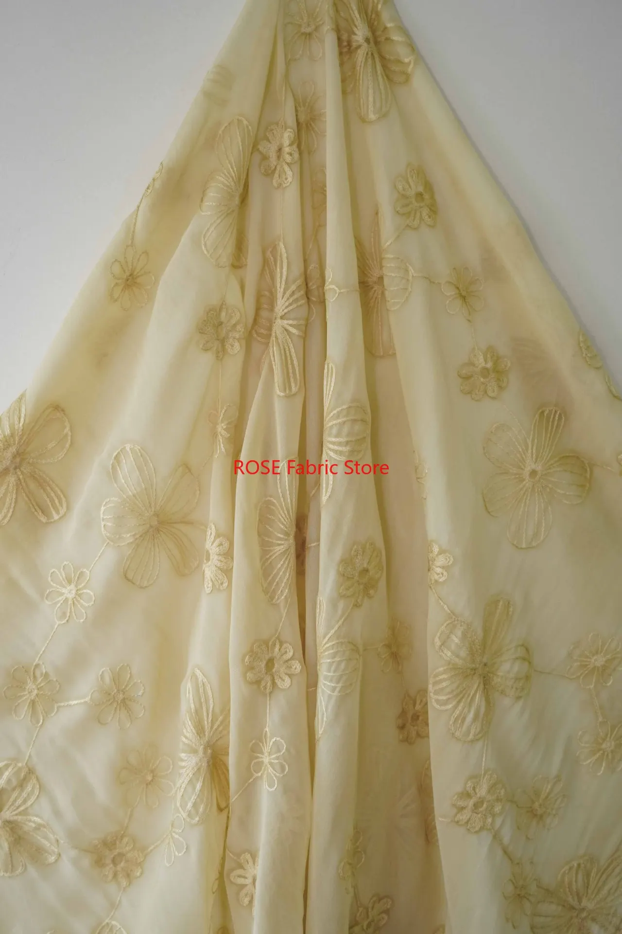 Elegant Green and Beige Floral Embroidery Chiffon Tulle Fabric for Dresses and Costume Design