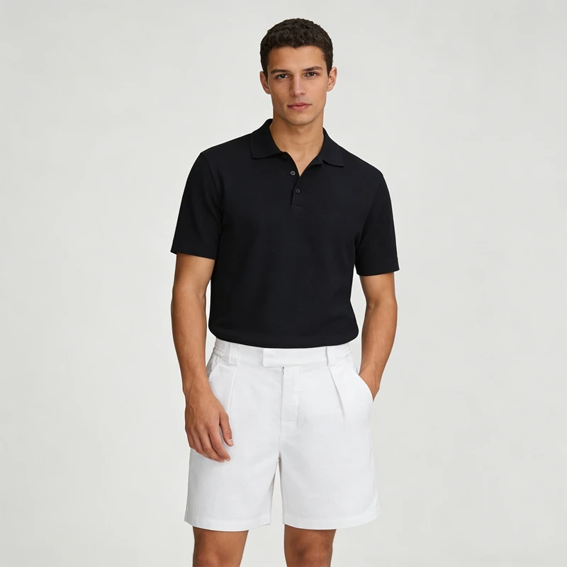 Weiße plissierte Leinen-Bermudashorts für Herren, klassische Passform, elastischer Bund, lässige knielange Sommerurlaub-Strandshorts – Detail 4