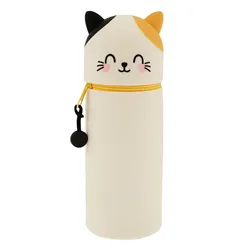 Silicone Retractable Cartoon Pencil Holder with Zipper and Adequate Storage (Smiling cat)