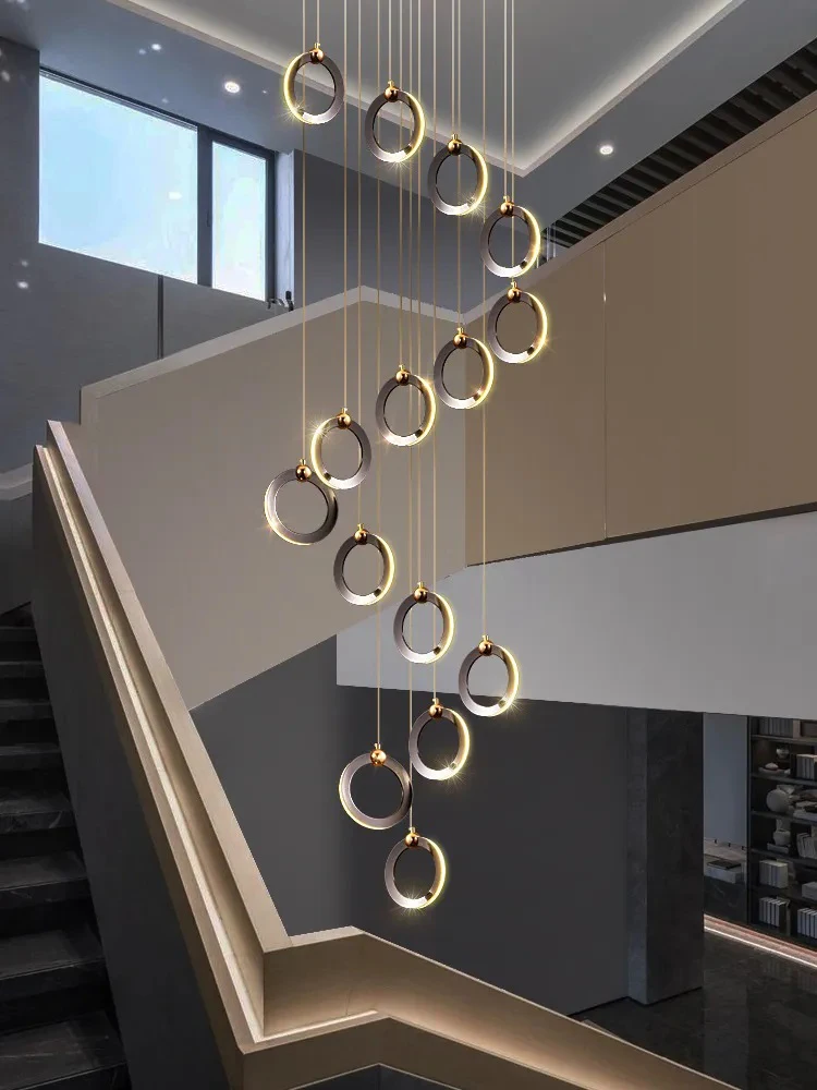 

Morden LED Stair Chandelier Loft Dining Room Creative Circular Chrome Exhibition Hall Lamp Duplex Ceiling Indoor Pendant Lightin