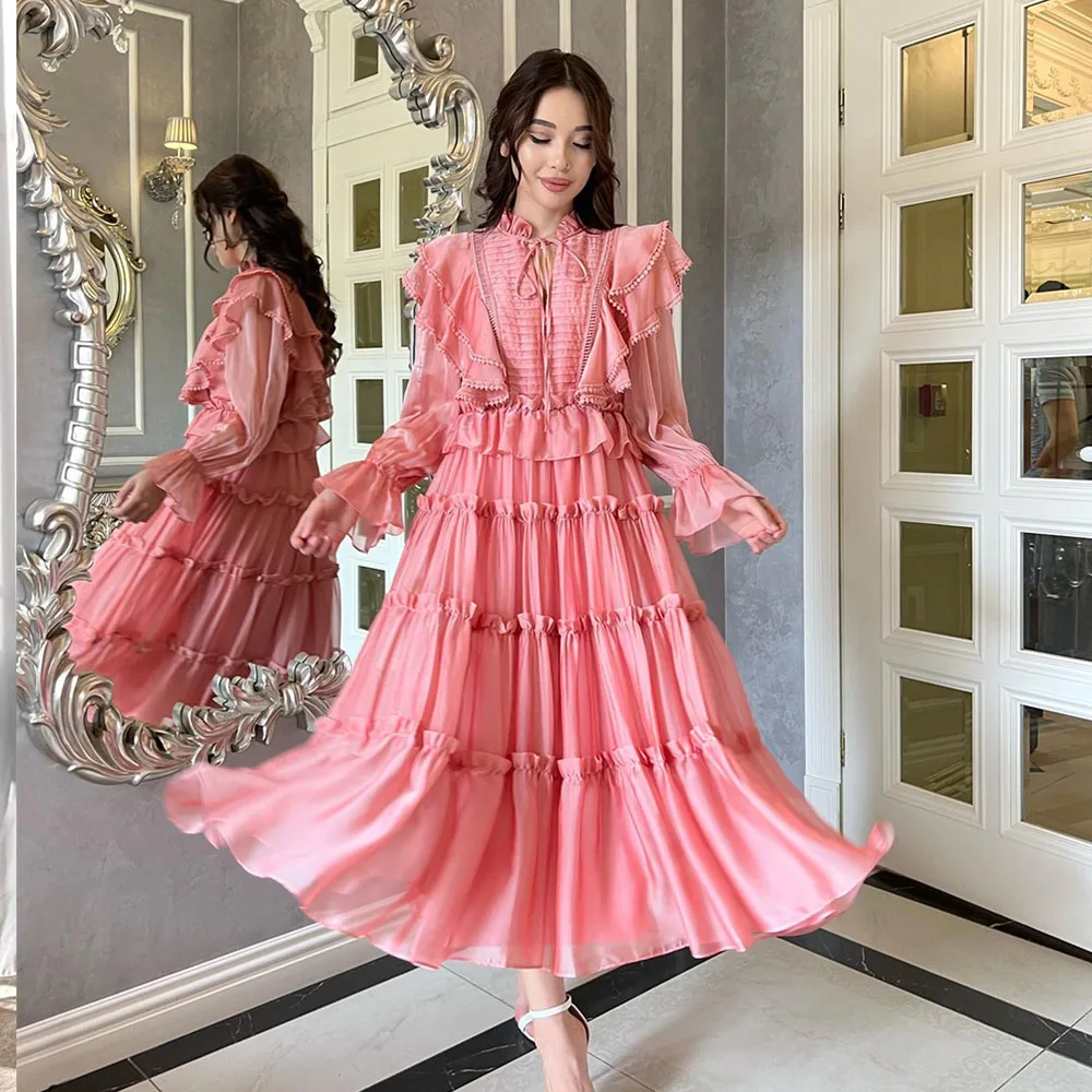 

Fairy Prom Gown A-line Ruffle Princess Birthday Party Dresses Full Sleeves Elegant Tea-Length Daily Dress فساتين للحفلات الراقصة