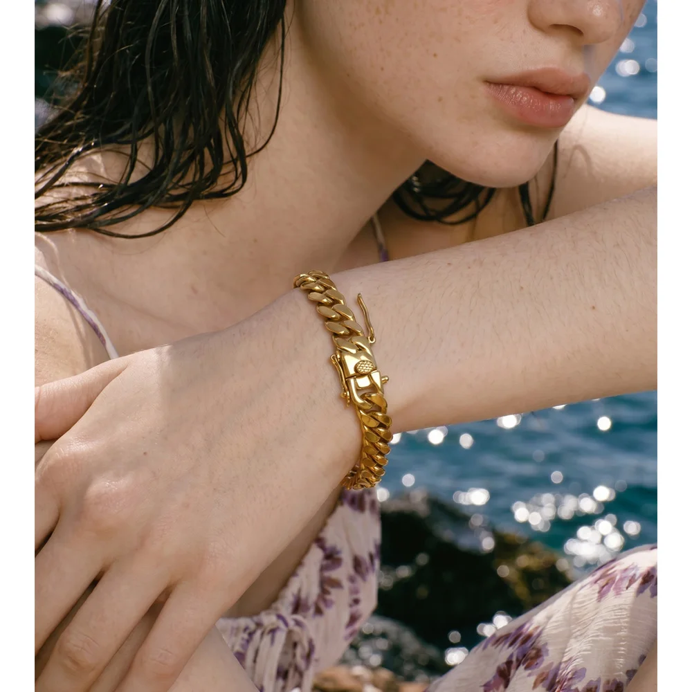 Yhpup Stainless Steel Cuban Chain Bracelet Bangle 18K Golden PVD Plated Waterproof Exclusive Style Personalized Jewelry Polished 3