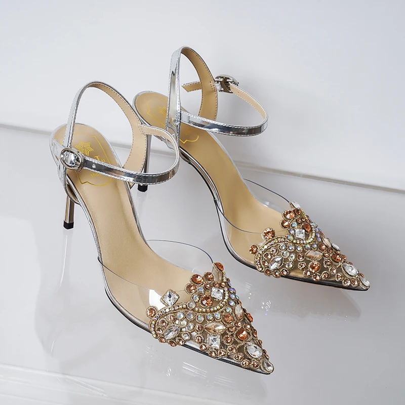 

Spring and summer new transparent pvc rhinestone pointed thin heel sandals high-heeled party dress versatile women's single shoe