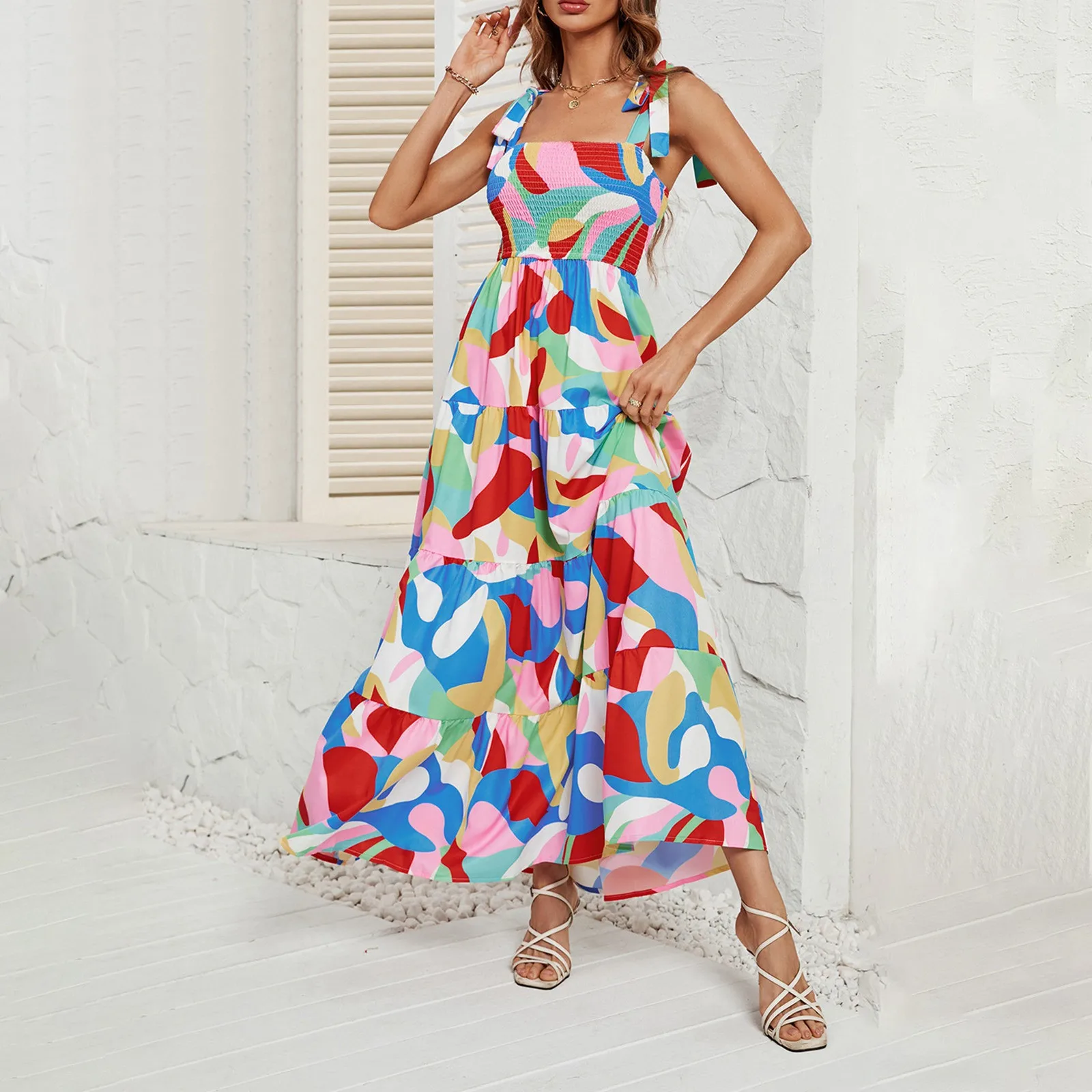 

Летние платья для женщин, новинка 2024, пикантное Платье с принтом и завязкой на талии, женское повседневное пляжное платье без рукавов