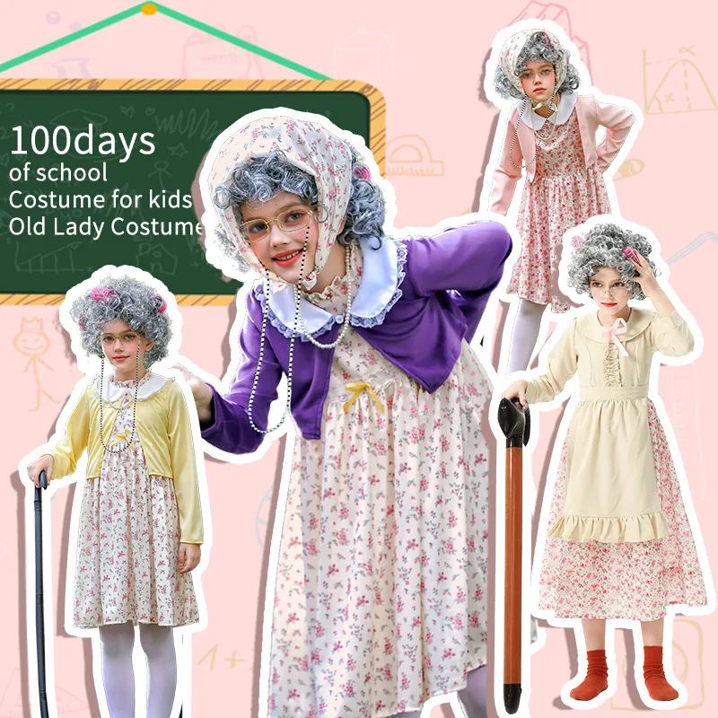 100th Days Of School Granny Cosplay Costume Set For Girls Old Lady Dress Up  For Kids Grandma Disguise Wig Accessories Outfits - AliExpress 1501