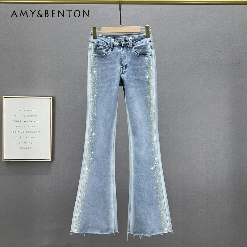 

Rhinestone Denim Bell-Bottom Pants Women's Thin Spring and Summer 2023 Elastic High Waist Slim Fit Slimming Fashionable Trousers