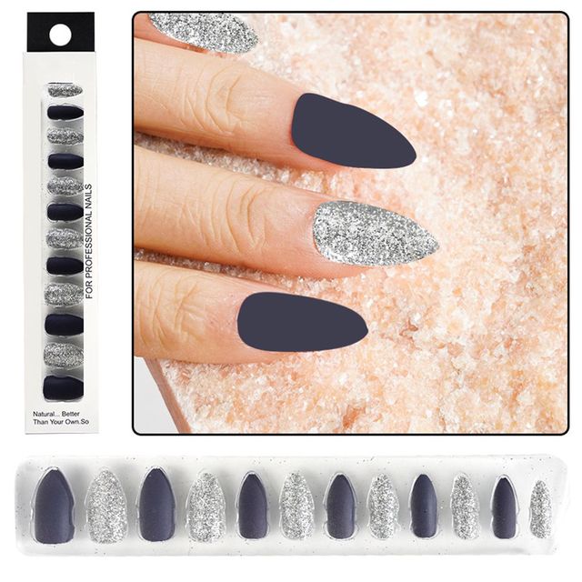 Matte False Nails Nail Art Fake Nails Gel Tips Full Cover Teardrop Shaped Artificial Press Nails Glitter Powder Fake Nails