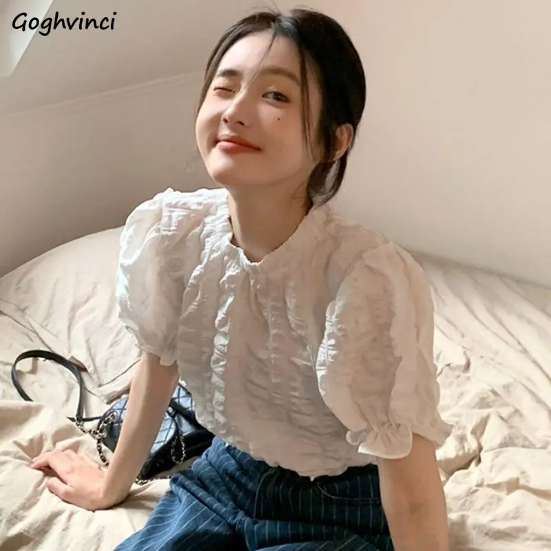 

Blouses Women Crop Tops Loose Sweet Ruffles Solid Chic French Vintage Puff Sleeve Summer Casual Ulzzang All-match Soft Popular