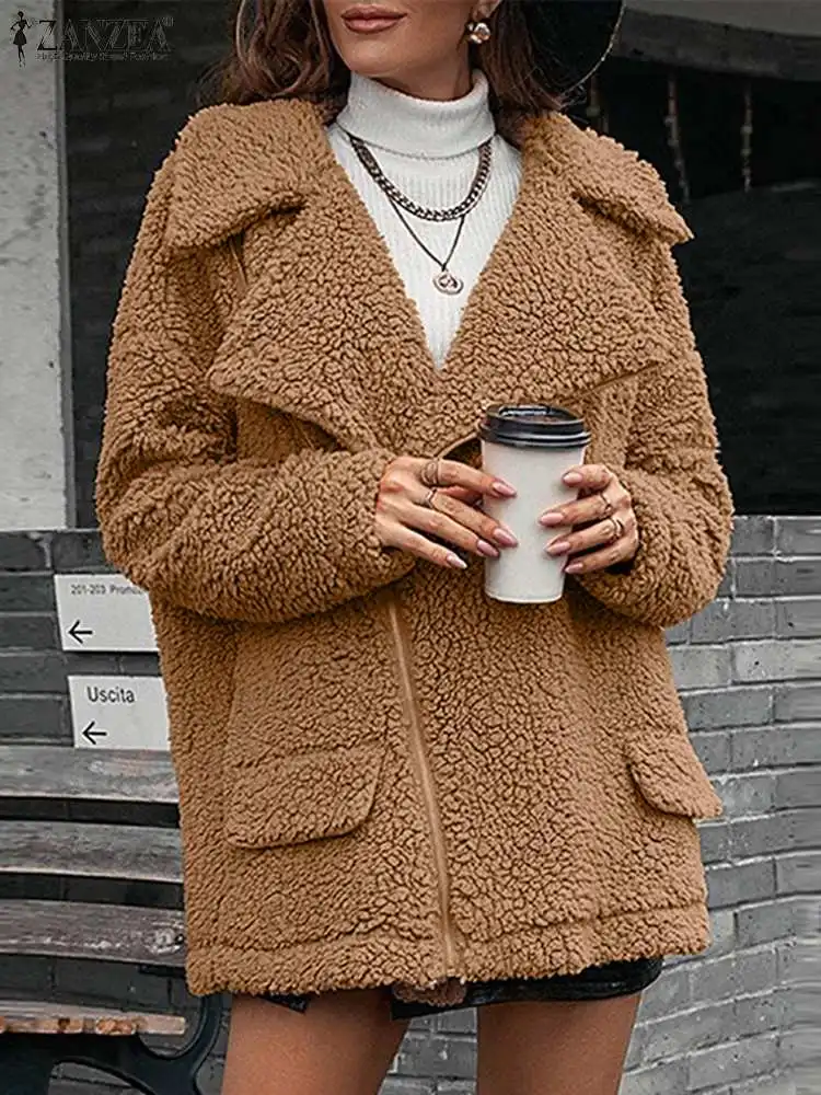 Cabolsas de Pelúcia Zanzea Oversized Manga Longa Outwear Feminino 2022 Primavera Outono Velo Lapela Jaquetas Casual Irregular Zíper Cardigans 7 Computers & Electronics