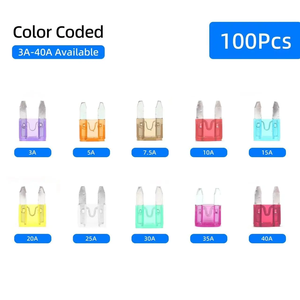 Car Fuse Assortment Kit 100Pcs 10 Size Mini Fuses Automotive Auto Replacement for Car RV Boat Marine Motorcycle Truck