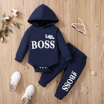0-24 Months Baby Boy Set Hooded Letter Top+Long sleeved Two-piece Set, Baby boy Spring and Autumn Sports Style Set 1