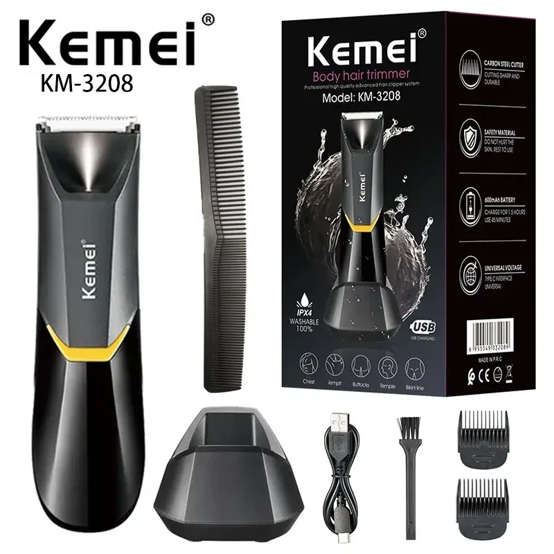 

Kemei KM-3208 USB перезаряжаемая полностью моющаяся керамическая Бритва для паха киски электрическая Мужская бритва