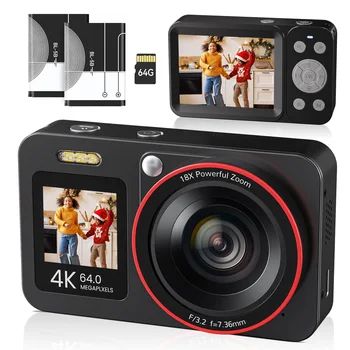 Digital Camera FHD 4K 64MP with Dual Screens 64GB SD Card 2 Batteries,18X Zoom,Anti Shake Portable Rechargeable Selfie Camera 1