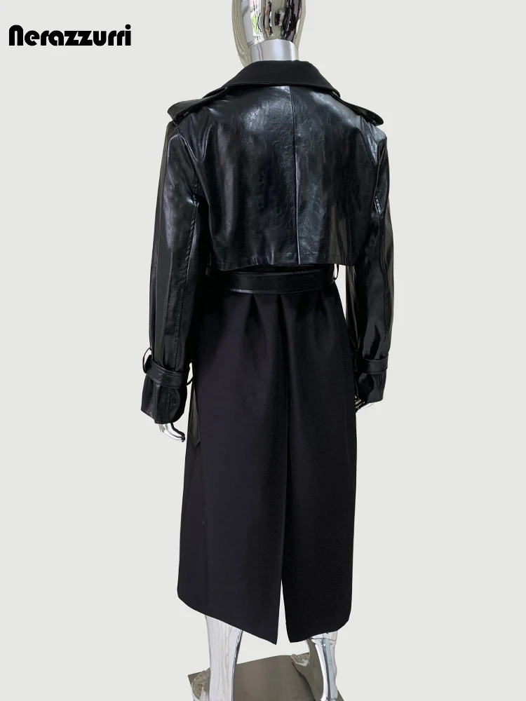 Nerazzurri Spring Autumn Long Black Pu Leather Patchwork Trench Coat Men Shoulder Pads Double Breasted Luxury Designer Clothes