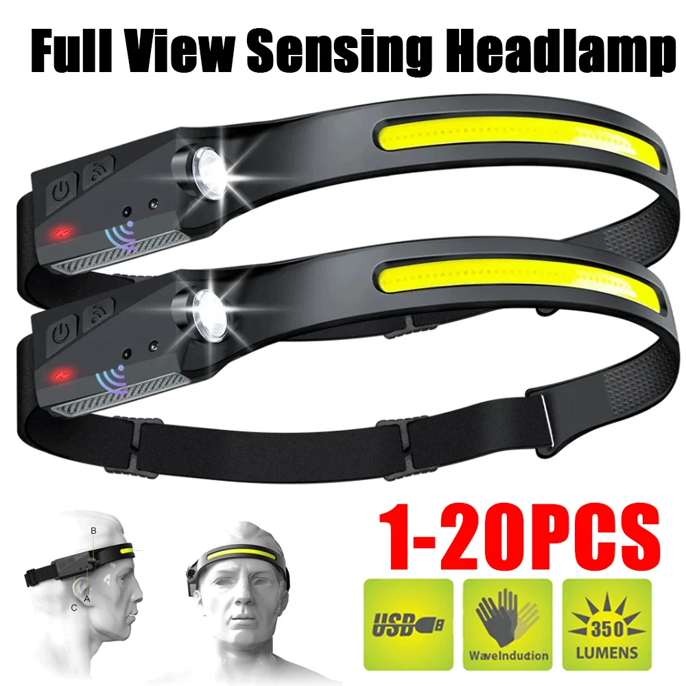 USB 충전식 LED 센서 손전등, XPE + COB 토치, 캠핑 방수 헤드라이트, 낚시 랜턴용 헤드램프, 1 ~ 20 팩