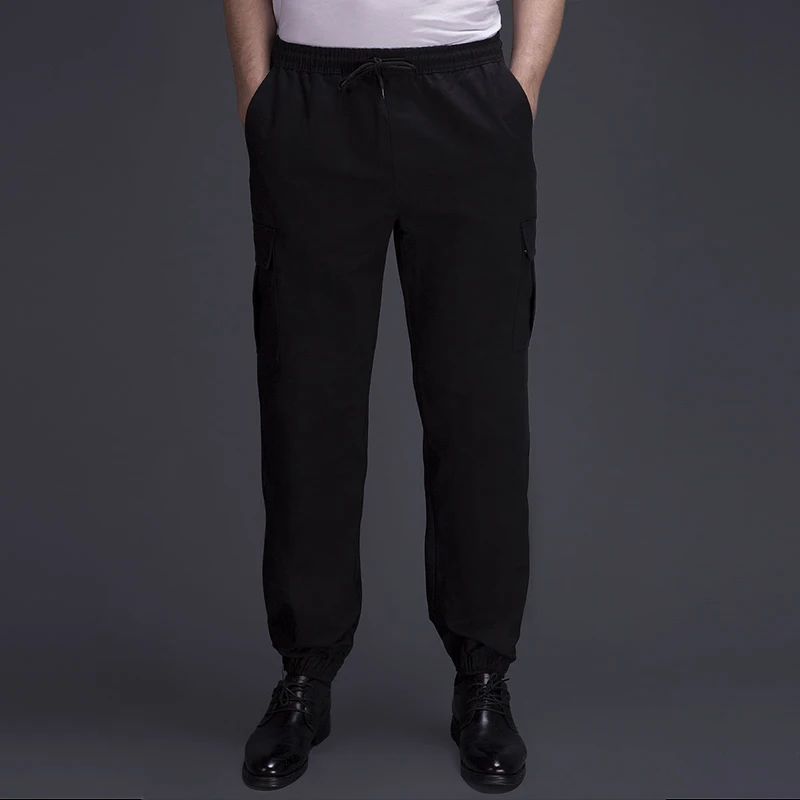 Military Style Chef Pants Restaurant Kitchen Cook Trouser Men Black Elastic Waist Bottoms Catering Work Pants Multiple Pockets
