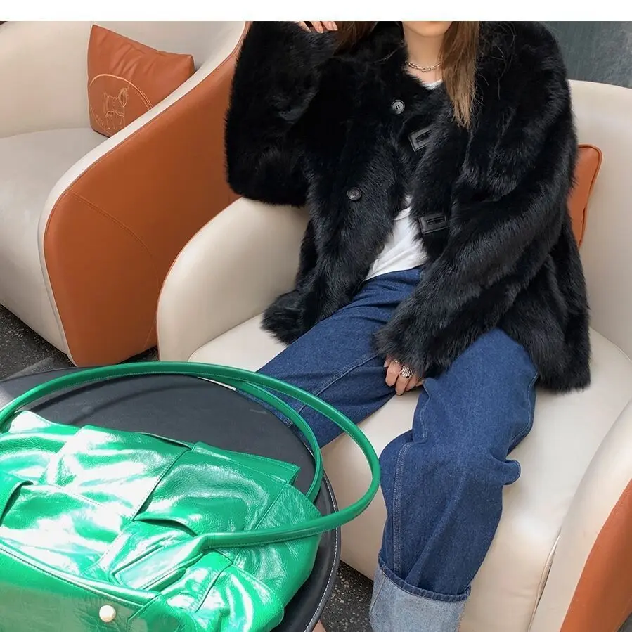 2023 Autum Winter Faux Fur Coat Women Fluffy Elegant Hairy Designer Warm Clothing Mid Female Korean Round Neck Casual Button Up