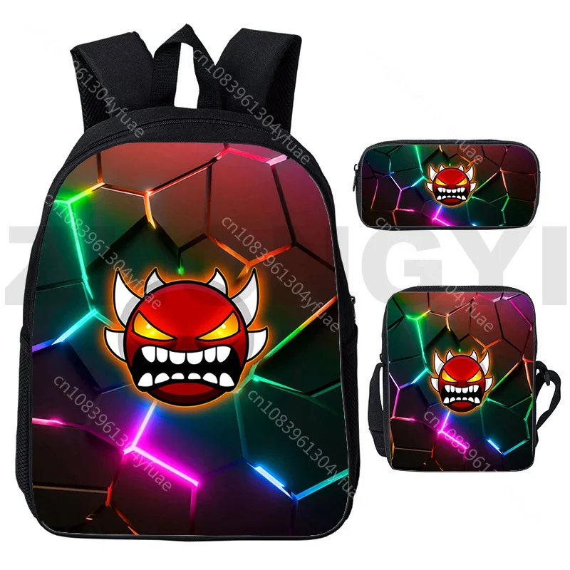 3D Harajuku Angry Geometry Dash Backpacks 3 Pcs/Set Canvas Notebook Business Backpack Students Outdoor Sport Mochila Schoolbags