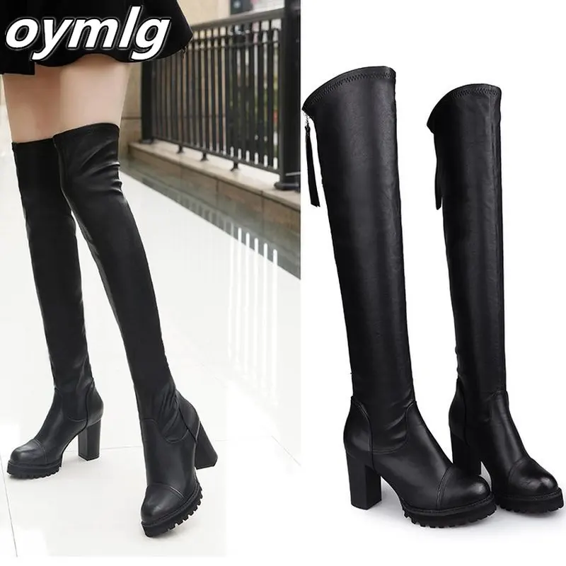 New Autumn Winter Women's Pu Leather Over The Knee Boots Back Zip Thick High Heel Platform Thigh Boots Ladies Fashion Shoe Black