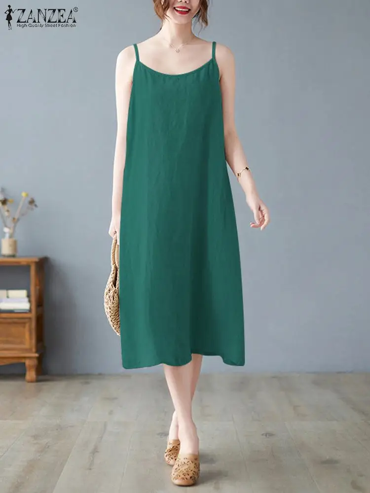 

ZANZEA Fashion Summer Spaghetti Strap Beach Dress Women Sexy Casual Holiday Party Vestido Sarafans Solid Loose Midi Sundress