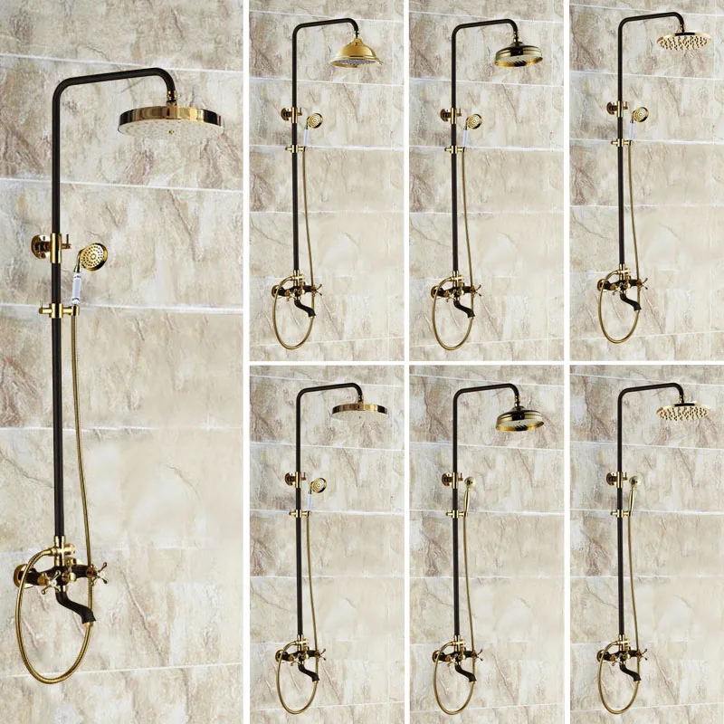 

Gold & Black Oil Rubbed Brass Dual Cross Handles Wall Mounted Bathroom Rainfall Rain Shower Faucet Set Bathtub Mixer Tap mzh405