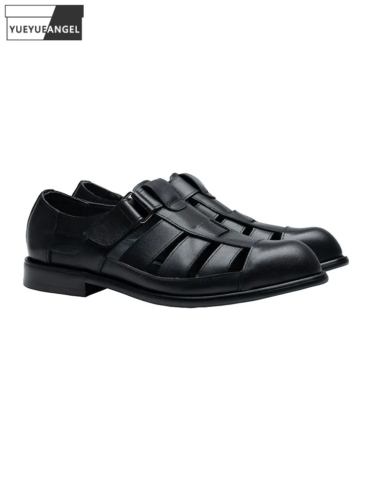 

Vintage Business Men Summer Breathable Hollow Out Sandals Low Heels Close Toe Genuine Leather Gladiator Shoes Rome Beach Sandals